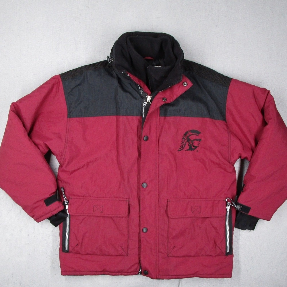 Vintage Champion USC Trojans Jacket Mens Large Red Black Puffer Quilted Lined